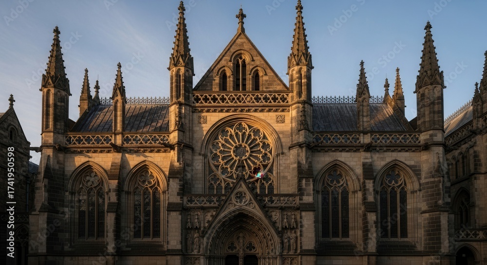 Fototapeta premium Grand edifice with towering spires a central rose window and decorative arches bathed in warm sunlight