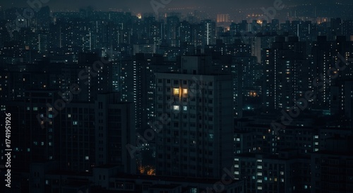 Nighttime panorama of dense urban buildings Scattered windows glow with cool light while a central high-rise prominently features warm yellow-orange illuminated rooms