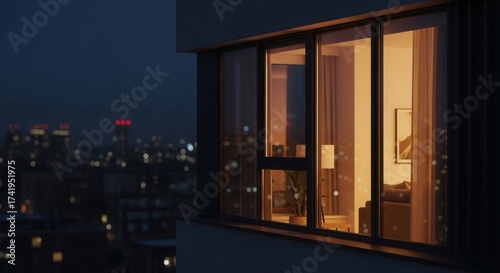 Nighttime view of a building window showing a warmly lit room with a lamp plant and sofa against a blurred city background