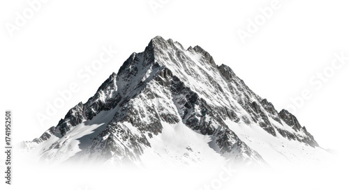 Majestic, snow-covered jagged mountain peak with dark rock faces on a white background