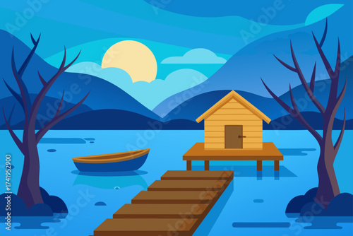 Cabin on water with boat and trees in the evening