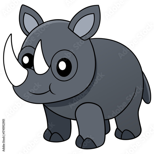 Cute cartoon rhinoceros character standing isolated on white background