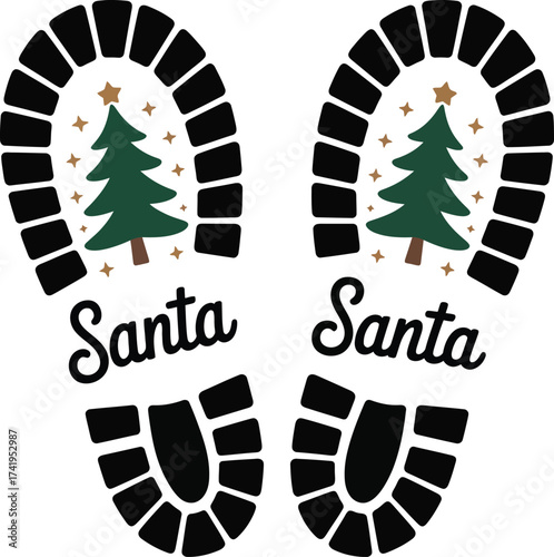 Festive santa footprints with christmas trees on transparent background silhouette