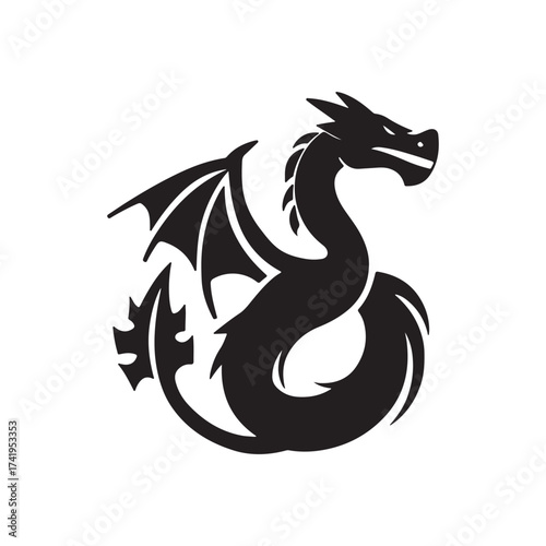 Stylized Silhouette of a Dragon with Wings Curled Body and Spikes