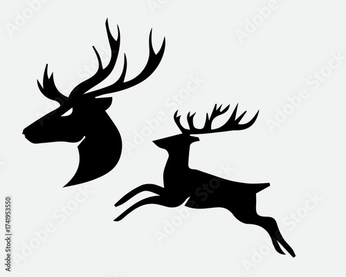 Stylish deer silhouette vector set showing a jumping deer and elegant stag head. Perfect for wildlife logos, hunting badges, nature prints, and outdoor brand designs.
