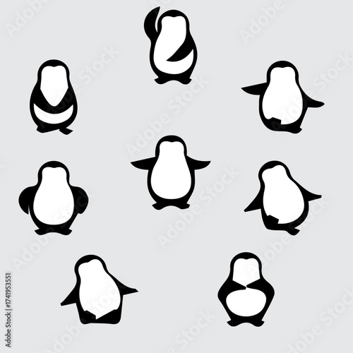Cute penguin silhouette vector collection in simple minimal style. Great for kids’ illustrations, winter graphics, logos, and t-shirt prints.
