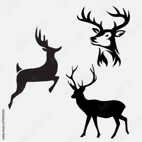 Elegant deer silhouette vector set featuring various poses and antler designs. Perfect for wildlife logos, forest-themed artwork, and Christmas decorations.
