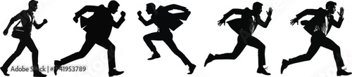 Dynamic silhouettes of business people running with backpacks in motion