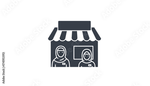 Vibrant minimalist depiction of a small business storefront, featuring two female entrepreneurs in headscarves, symbolizing diverse commerce and community engagement