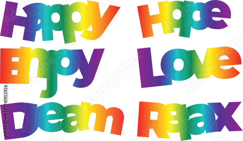 Colorful words of encouragement on white background promoting positivity and happiness