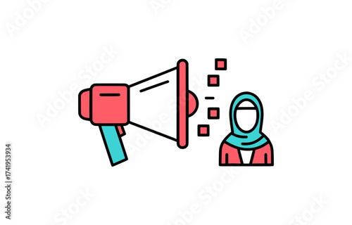 Iconic illustration of a woman in a hijab using a megaphone, symbolizing powerful communication, public outreach, advocacy, and a strong, diverse female voice in marketing and announcements
