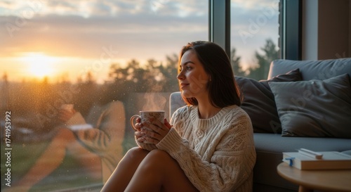Young woman in a knitted sweater sits by a window at sunset holding a steaming mug looking out Sofa pillows and a book are visible