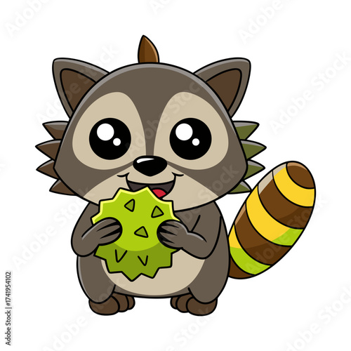 raccoon nibbling on a durian fruit