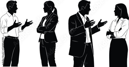 Business casual silhouettes of professionals discussing ideas in a meeting