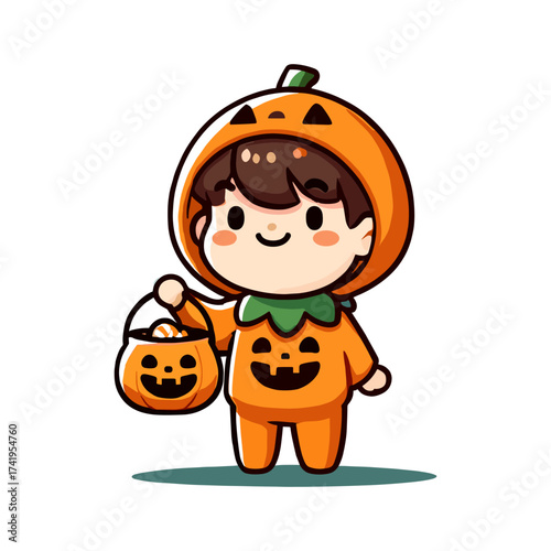 Flat Illustration of Adorable Child in Pumpkin Costume Holding Halloween Candy Bag