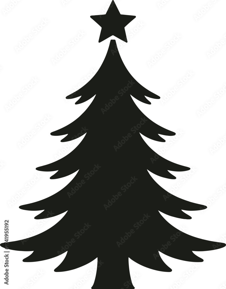 Fototapeta premium Simple black christmas tree graphic with a star on transparent background silhouette