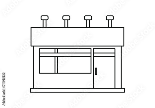 Minimalist vector illustration of coffee shop exterior with detailed storefront facade, windows, and door. Perfect for architecture, business, cityscape, retail design, or urban concept themes.