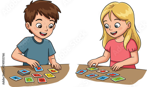 Boy and girl happily playing colorful picture matching card game at table, educational memory activity for children learning