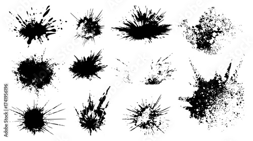A collection of black ink splatters and bursts on a white background, showcasing various shapes and sizes, ideal for graphic design and artistic projects