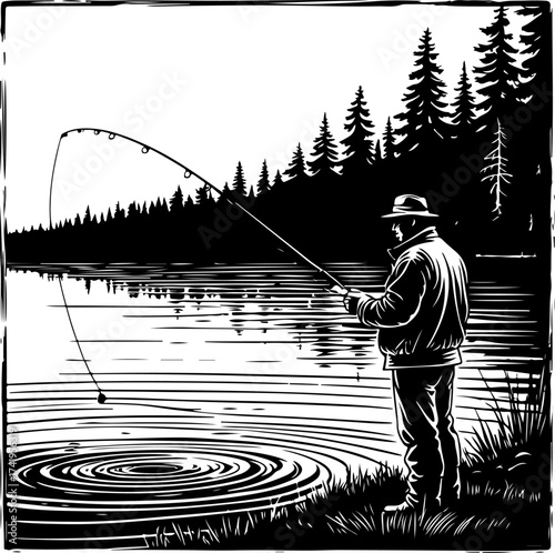 Fisherman Catching Big Fish in Mountain Lake Silhouette