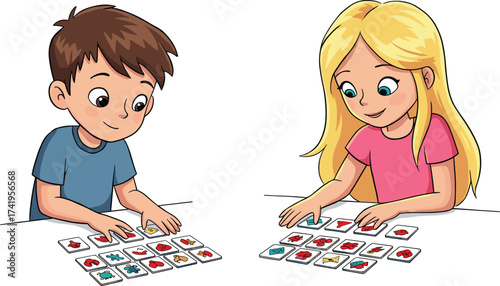 Boy and girl smiling while playing colorful picture matching card game at table, educational memory activity for kids learning