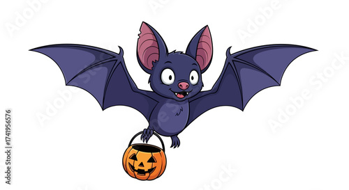 Whimsical Halloween Fun: A Cartoon Bat with a Pumpkin Basket ready for trick or treat