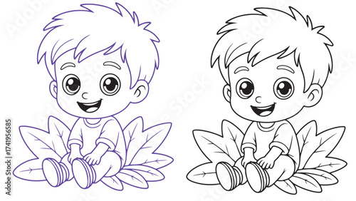 Cute baby boy illustration sitting on leaves in a cartoon vector style for coloring books and educational materials