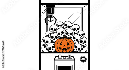 Spooky claw machine filled with skulls and pumpkin Halloween themed concept art