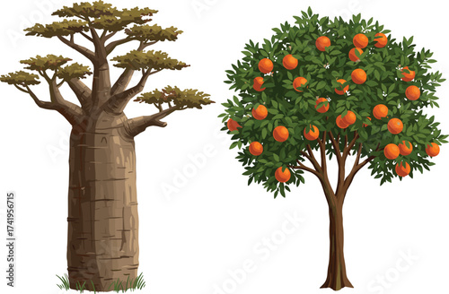 Baobab tree with thick cylindrical trunk and sparse branches, orange fruit tree with dense green foliage, botanical seasonal contrast vector illustration