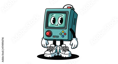 Cartoon retro handheld game console character with face in sneakers illustration