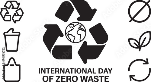 International Day of Zero Waste social media banner design template, recycling, earth, leaves, bin, bag symbol icon set
