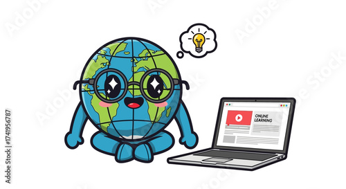 Cute globe character with glasses learning online, educational resources and technologies for