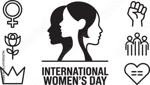 International Women's Day banner: strong female profiles, symbols of gender, community, power, rose