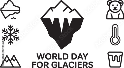 World Day for Glaciers design with iceberg and related climate change symbols
