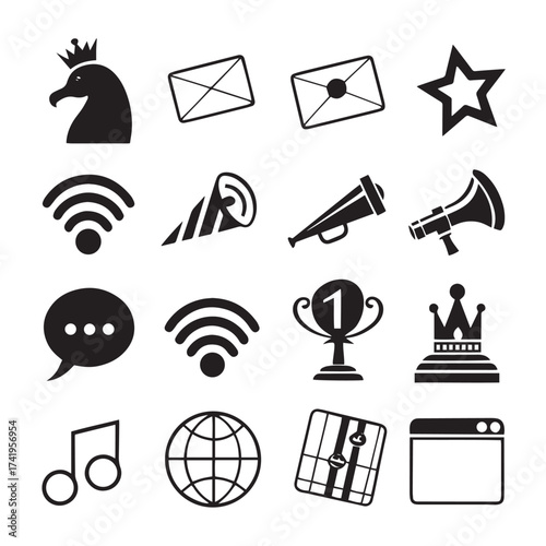 Collection of communication and achievement icons isolated on white background