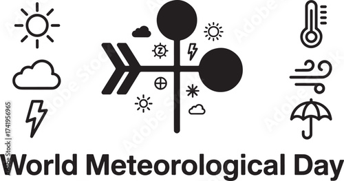 World Meteorological Day weather symbols sun, cloud, lightning, thermometer, wind, umbrella