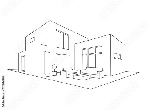 Minimalist line art of a modern house exterior with outdoor area, showcasing architectural design, urban residence concept, and creative black-and-white vector illustration for contemporary real estat