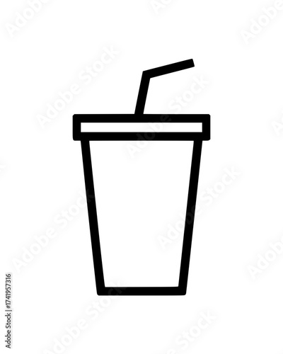 Disposable beverage cup with lid and bent straw in minimalistic black line drawing style