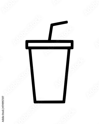 Disposable beverage cup with lid and bent straw in minimalistic black line drawing style