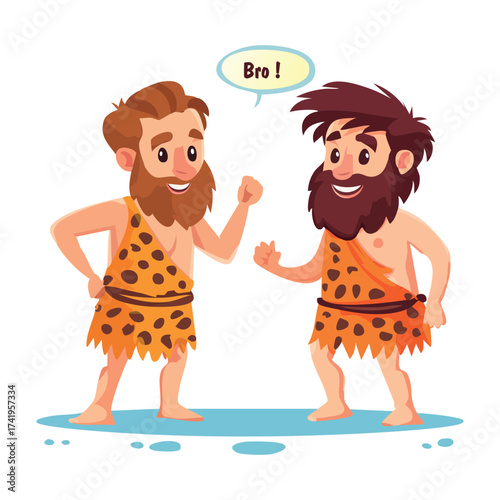 Two men from stone age or megalith era have communication. Cartoon Vector illustration describing history of language and communication. 