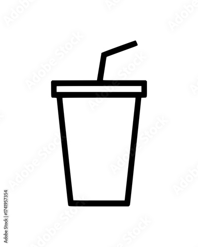 Disposable beverage cup with lid and bent straw in minimalistic black line drawing style