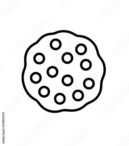 Minimalistic black outline illustration of a chocolate chip cookie