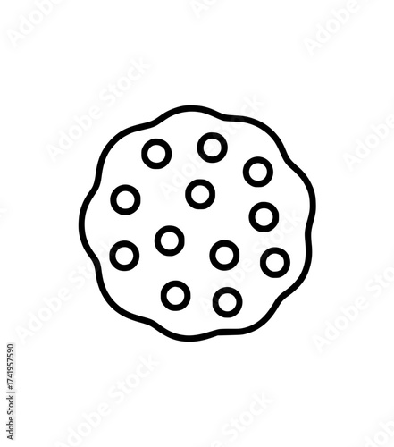 Minimalistic black outline illustration of a chocolate chip cookie
