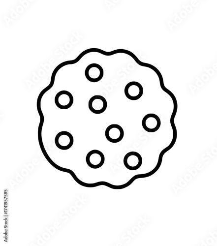 Minimalistic black outline illustration of a chocolate chip cookie