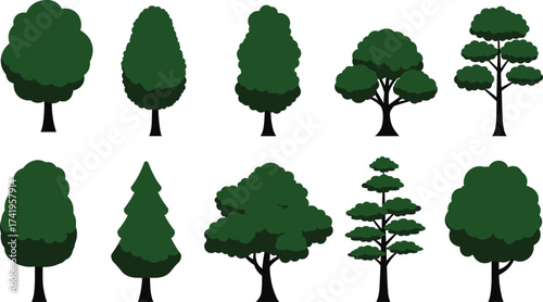 Set of green tree icons, natural forest illustration, eco foliage design, botanical elements, landscape vegetation graphics, park environment, nature resources