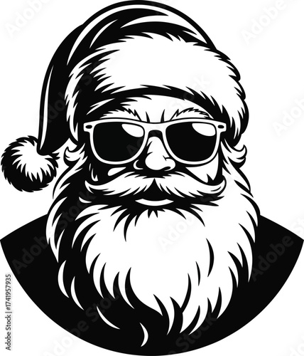 Cool santa claus head with sunglasses beard and hat on transparent background silhouette