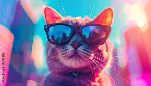 A cool cat wearing sunglasses with a vibrant, colorful background. Cool cat with sunglasses in vibrant colors