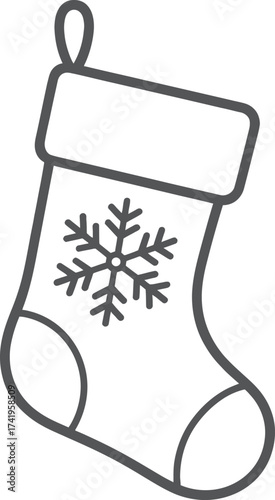 Simple christmas stocking outline illustration with snowflake on transparent background silhouette