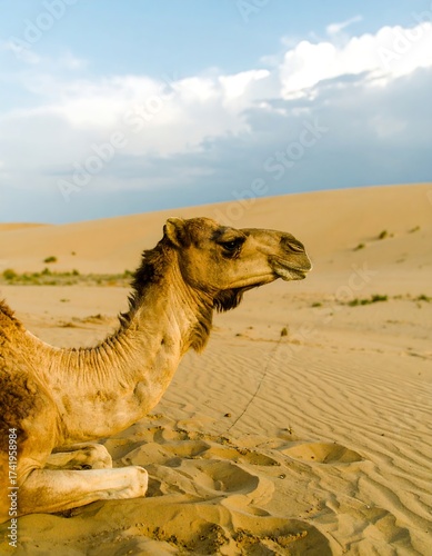 Fototapeta Naklejka Na Ścianę i Meble -  Resting dromedary camel on a sandy desert dune