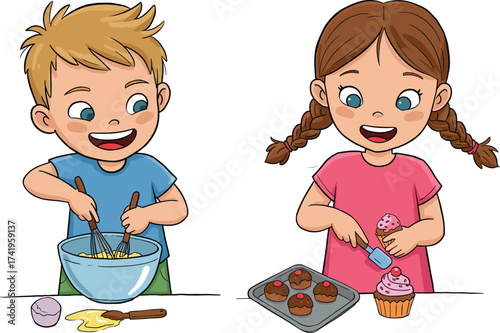 Cartoon kids baking and decorating cupcakes, fun kitchen activity, smiling children cooking, sweet treats, playful learning, homemade dessert fun